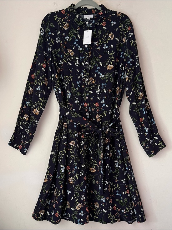 J. Jill Dresses & Skirts - NWT J. Jill Navy Long-Sleeve Button DownFloral Shirt Dress Sz L Removable Belt
